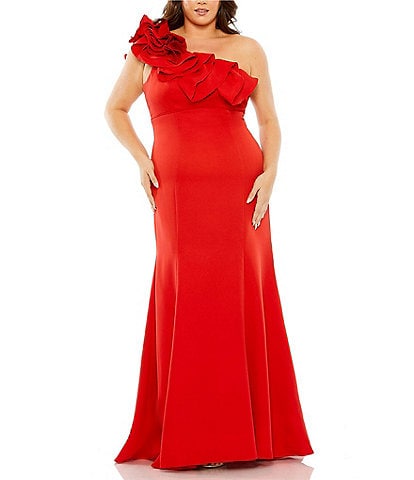 Mac Duggal Plus Size Sleeveless One Shoulder Ruffle Detailed Satin Gown