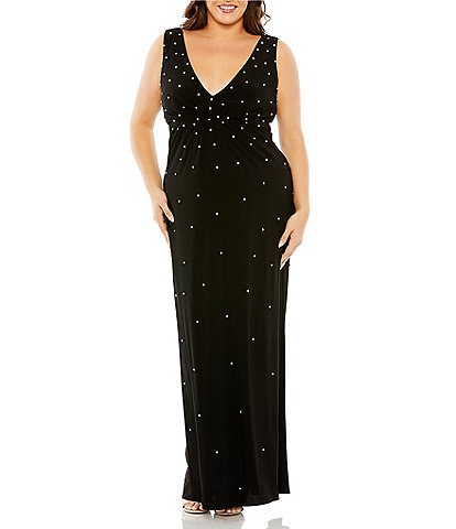 Mac Duggal Plus Size Sleeveless V-Neck Rhinestone Detail Open Back A-line Gown