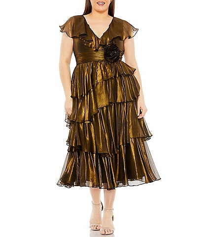 Mac Duggal Plus Size Sleeveless V-Neck Ruffle Tiered Rose Detail Dress