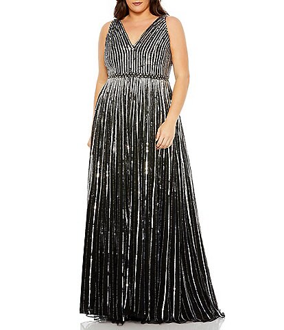 Mac Duggal Plus Size Sleeveless V-Neck Striped Sequin A-Line Gown