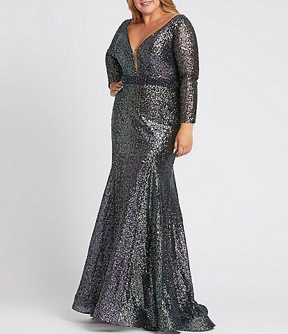 Mac Duggal Plus Size V-Neck Long Sleeve Multicolor Sequin Mermaid Gown