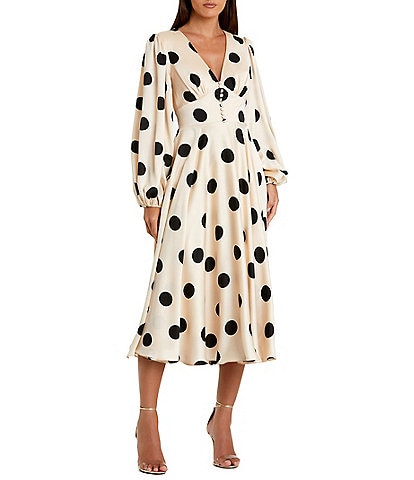 Mac Duggal Polka Dot Charmeuse V-Neck Puff Sleeves Midi Dress