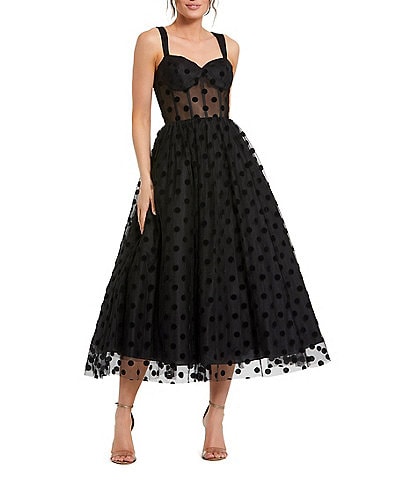 Mac Duggal Polka Dot Net Bustier Sweetheart Neckline A-Line Midi Dress
