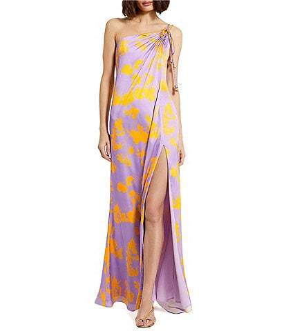Mac Duggal Printed Charmeuse Abstract Print One-Shoulder Sleeveless Gown