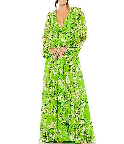 Mac Duggal Puff Sleeve Floral Print Chiffon Gown