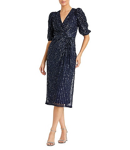 Mac Duggal Puff Sleeve Sequin A-Line Waist Wrap Midi Dress