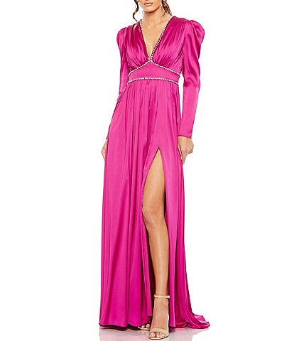 Mac Duggal Rhinestone Trim Plunge V-Neck Puff Long Sleeve Thigh High Slit Satin Empire Gown