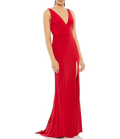 Mac Duggal Ruched Deep V-Neck Sleeveless Low Back Detail Thigh High Slit Gown