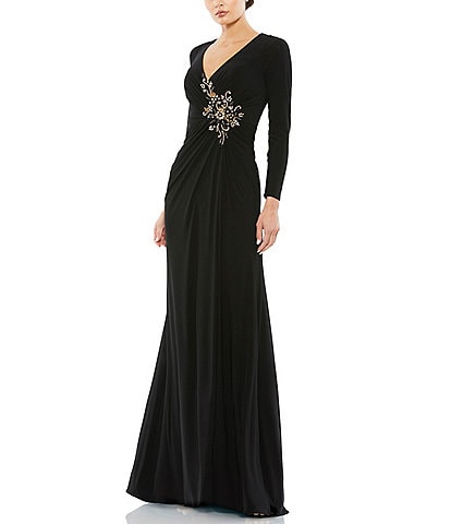 Mac Duggal Ruched Rhinestone Applique V-Neck Long Sleeve Gown