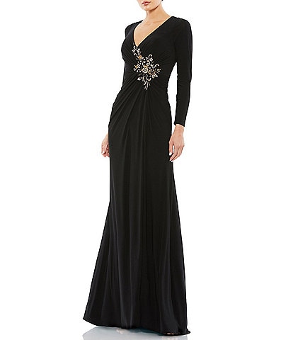 Tadashi Shoji Embroidered Lace V-Neck Long Sleeve A-Line Gown