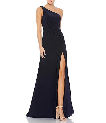 Mac Duggal Ruched Sleeveless One Shoulder Front Slit Sheath Gown