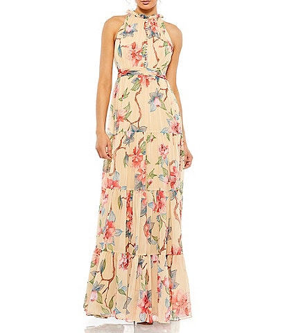 Mac Duggal Ruffle Halter Neck Floral Print Chiffon Sleeveless A-Line Dress