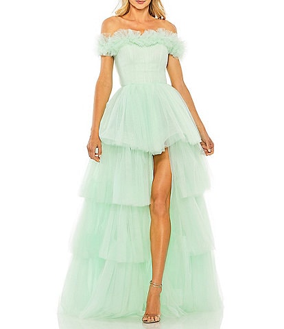 Mac Duggal Ruffle Off-the-Shoulder Tiered Tulle Ball Gown