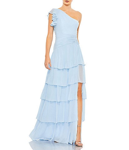 Mac Duggal Ruffle One Shoulder Ruched Waist Sleeveless Tiered Gown