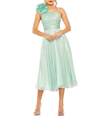 Mac Duggal Ruffle One Shoulder Shimmer Organza Midi Dress