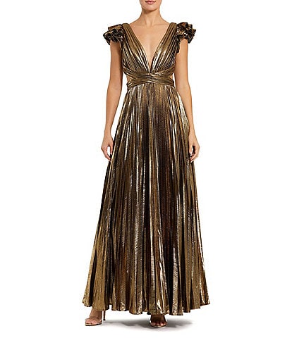 Mac Duggal Ruffle Sleeve Lace Back Pleated Metallic Aline Gown