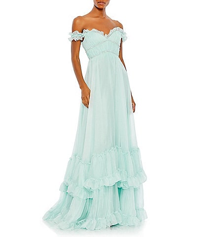 Mac Duggal Ruffle Sweetheart Off-The-Shoulder Chiffon Baby Doll Gown