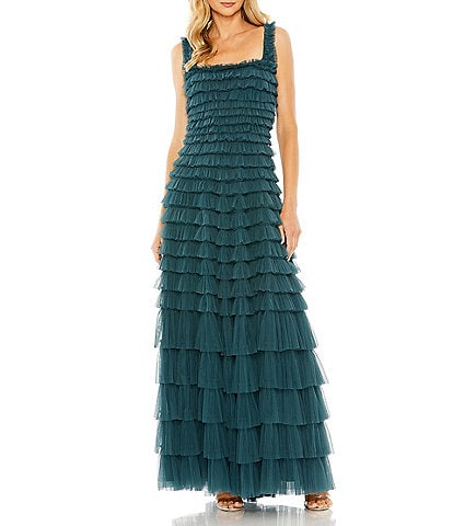 Mac Duggal Ruffle Tiered Square Neck Sleeveless Gown