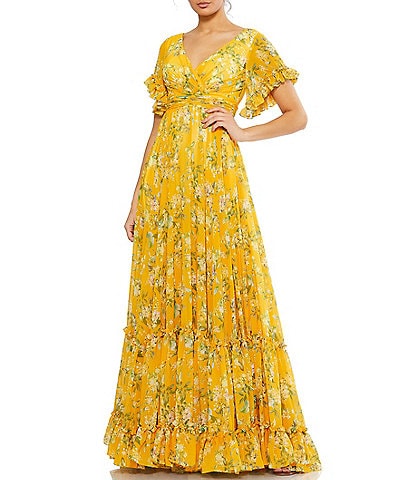 Mac Duggal Ruffle Trim A-Line Floral Print Chiffon Gown
