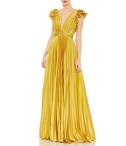 Mac Duggal Ruffled Cap Sleeve Cut Out Pleated Deep V-Neck Strappy Back Detail Satin A-Line Gown