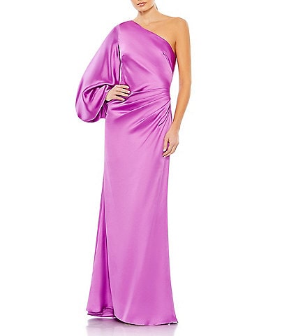 Mac Duggal Satin Asymmetrical Neck Long Sleeve Sheath Gown