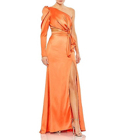 Mac Duggal Satin Asymmetrical One Shoulder Long Puff Sleeve Cut Out Thigh High Slit Gown