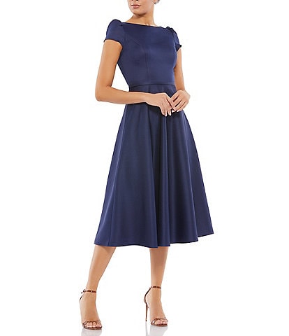 Mac Duggal Satin Boat Neck Cap Sleeve Midi Dress