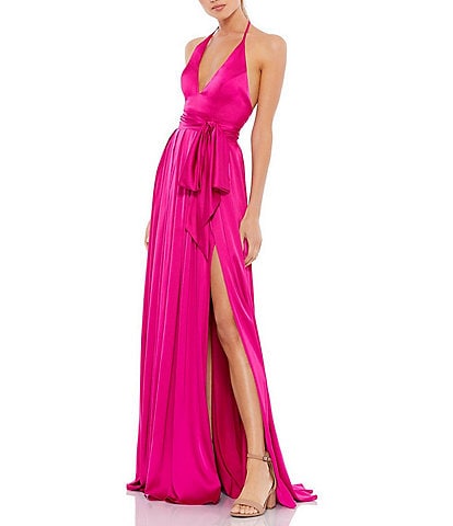 Mac Duggal Satin Charmeuse Halter Neck Open Back A-Line Gown