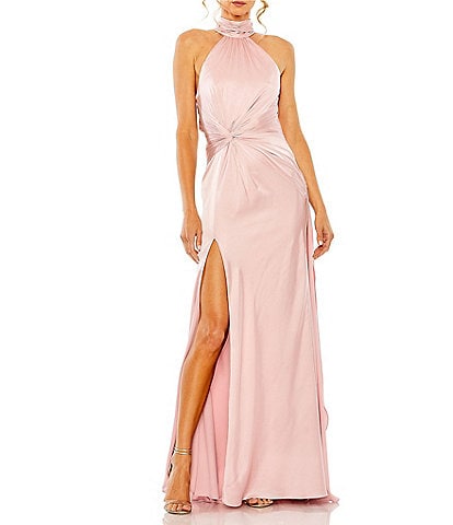 Mac Duggal Satin Halter Mock Neck Sleeveless Side Ruched Gown