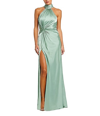 Mac Duggal Satin Halter Mock Neck Sleeveless Side Ruched Gown