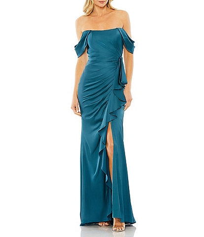 Mac Duggal Satin Off The Shoulder Bustier Ruched Ruffle Gown