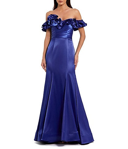 Mac Duggal Satin Off The Shoulder Ruffle 3D Flower Flutter Sleeve Pleated Mermaid Gown