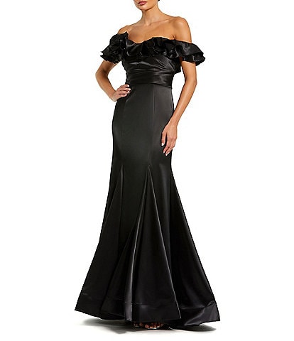 Mac Duggal Satin Off The Shoulder Ruffle 3D Flower Flutter Sleeve Pleated Mermaid Gown