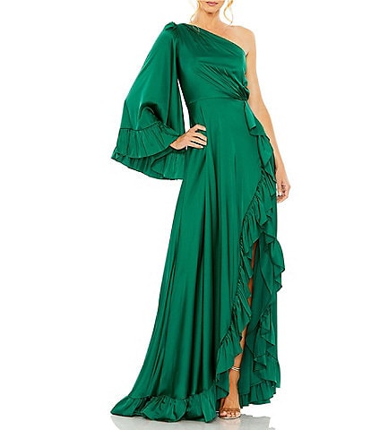 Mac Duggal Satin One Shoulder Long Bell Sleeve Ruffled Hem Gown