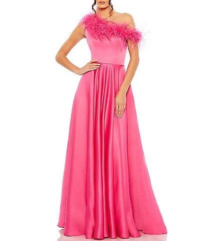 Mac Duggal Satin One Shoulder Sleeveless Feather Trim Gown