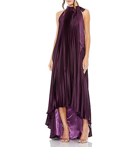 Mac Duggal Satin Pleated Halter Neck Sleeveless High-Low Hem Caftan Gown
