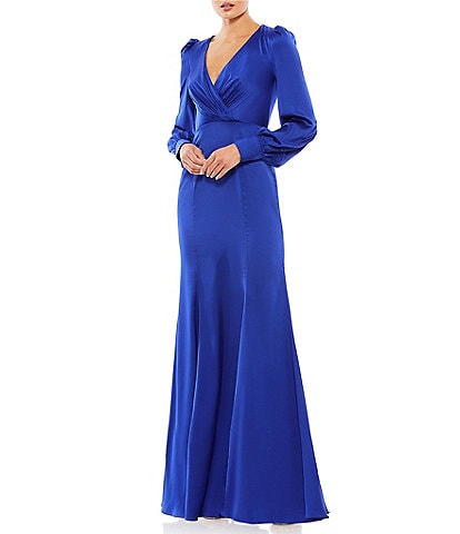Mac Duggal Satin Surplice V-Neck Long Bishop Sleeve Ruched A-Line Gown