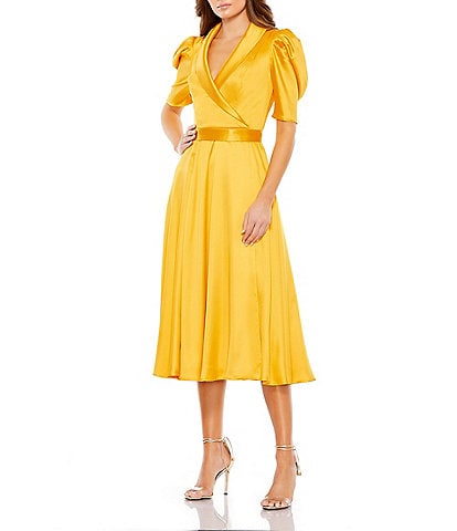 Mac Duggal Satin Surplice V-Neck Short Puffed Sleeve A-Line Midi Dress