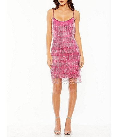 Mac Duggal Scoop Neck Beaded Fringe Mini Dress