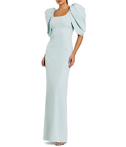 Mac Duggal Scoop Neck Dramatic Puff Sleeve Crepe Gown