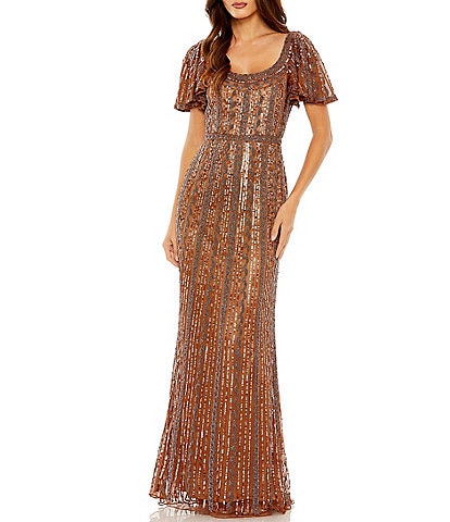 Mac Duggal Scoop Neck Flutter Sleeve Evening Gown