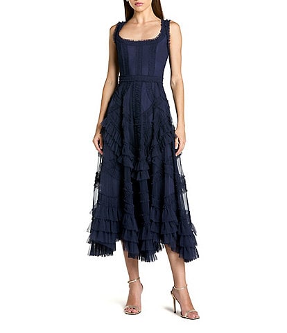 Mac Duggal Scoop Neck Sleeveless Micro Ruffle Mesh Aline Midi Dress
