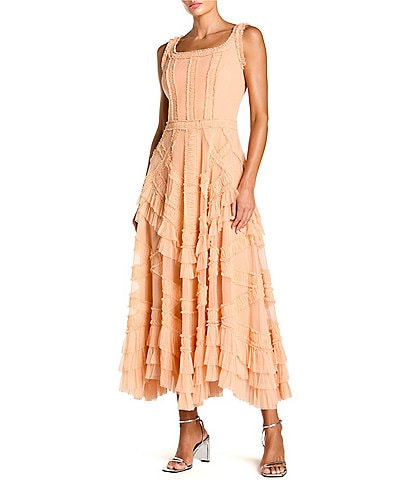 Mac Duggal Scoop Neck Sleeveless Micro Ruffle Mesh Aline Midi Dress