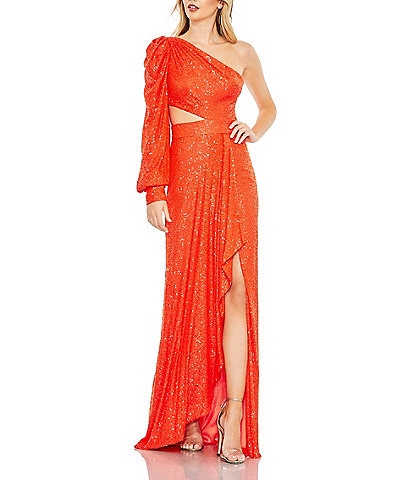 Mac Duggal Sequin Asymmetrical Neck Long Balloon Sleeve Cut Out Side Thigh High Slit Ruffle Hem Gown