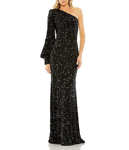 Mac Duggal Sequin Asymmetrical One Long Bishop Sleeve Sheath Gown