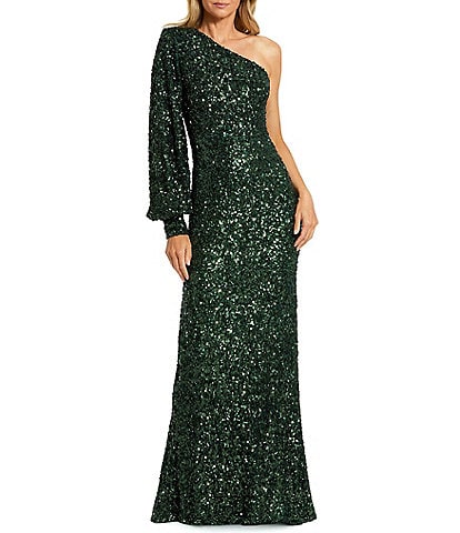 Mac Duggal Sequin Asymmetrical One Long Bishop Sleeve Sheath Gown