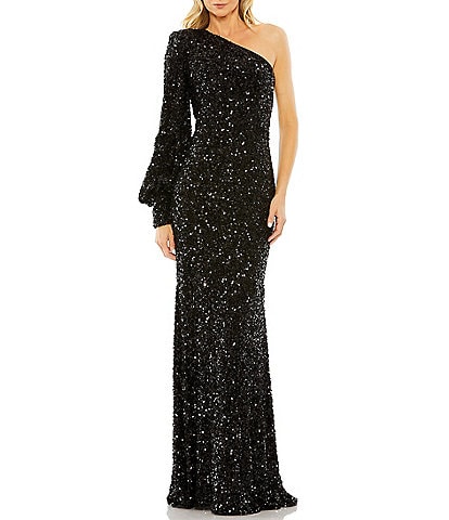 Mac Duggal Sequin Asymmetrical One Long Bishop Sleeve Sheath Gown