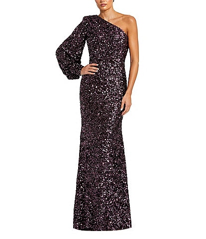 Mac Duggal Sequin Asymmetrical One Long Bishop Sleeve Sheath Gown