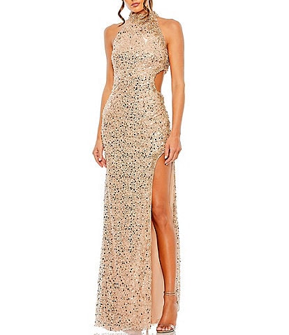 Mac Duggal Sequin Beaded Halter Neck Sleeveless Side Cut-Out Gown
