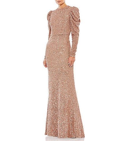 Mac Duggal Sequin Crew Neck Long Puff Drape Sleeve Sheath Gown